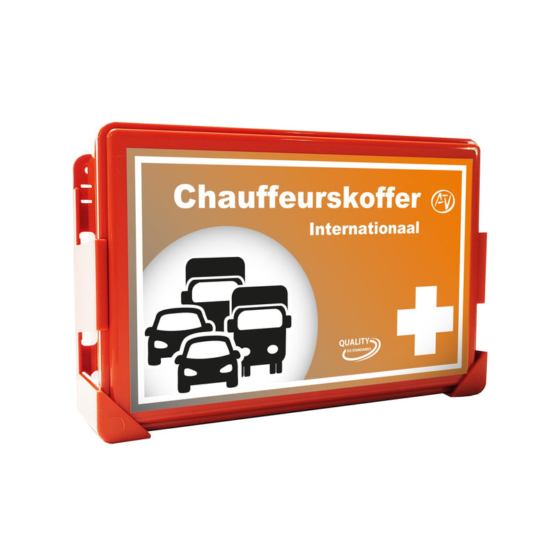 Chauffeurskoffer DIN 13164, oranje koffer met opschrift Chauffeurskoffer Internationaal