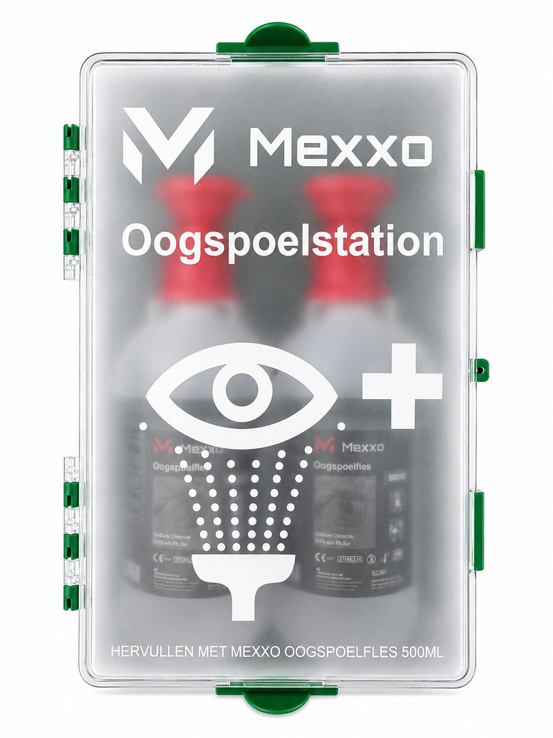 Mexxo oogspoelstation, gesloten wandkast met opschrift Oogspoelstation