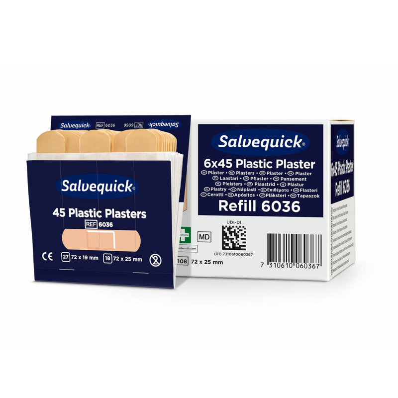 Salvequick pleisternavulling plastic 6036, twee blauwe doosjes plastic pleisters