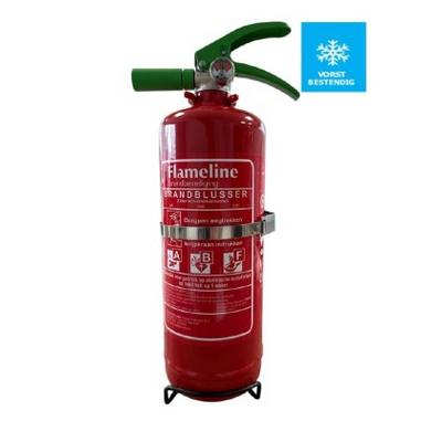 Flameline PFAS-vrije en vorstvrije schuimblusser 2 liter ABF, rode cilinder met vorstbestendig-label