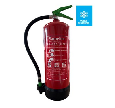 Flameline PFAS-vrije en vorstvrije schuimblusser 6 liter ABF, rode cilinder met vorstbestendig-label