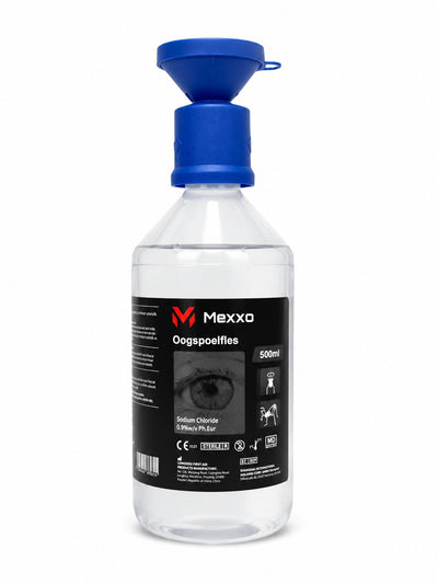 Mexxo oogspoelfles 500 ml NaCl 0,9% met blauwe oogdop