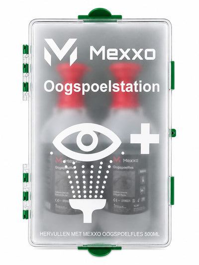 Mexxo oogspoelstation, gesloten wandkast met opschrift Oogspoelstation
