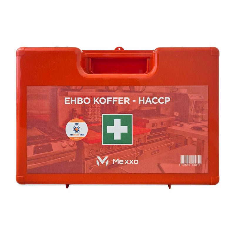 Mexxo HACCP horeca verbandkoffer, oranje koffer met opschrift EHBO KOFFER - HACCP