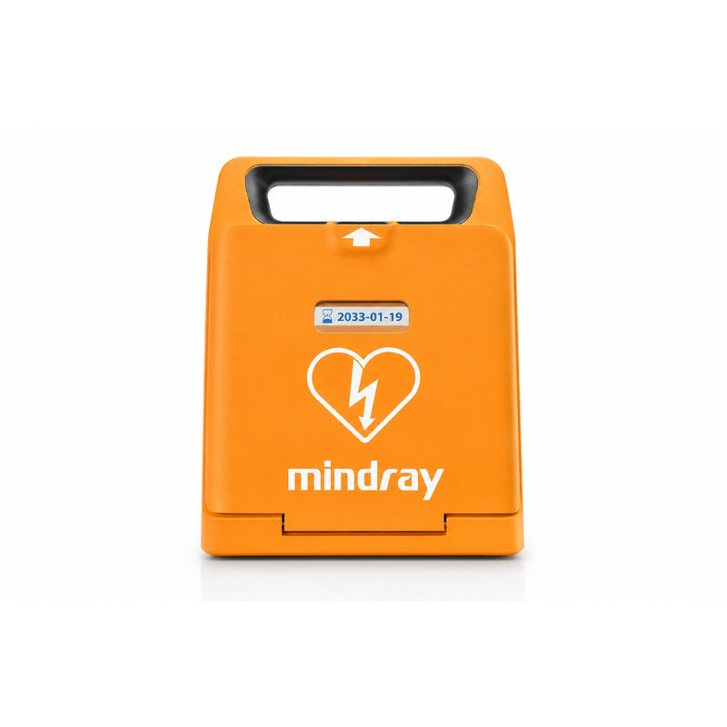 Mindray BeneHeart C1A AED, oranje behuizing met handgreep, vooraanzicht