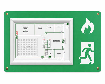 Vluchtplanbord met A4 kliklijst: groen bord met plattegrond en vluchtwegpictogram