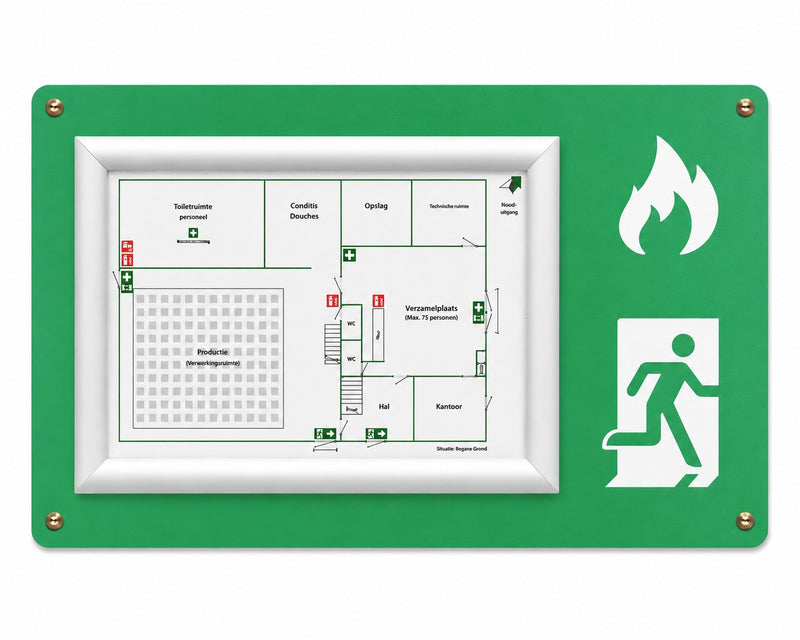 Vluchtplanbord met A3 kliklijst: groen bord met plattegrond en vluchtwegpictogram