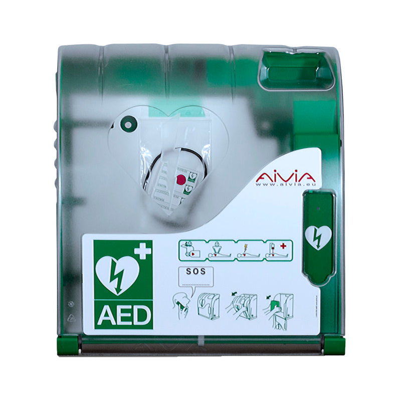 AIVIA 100 AED-binnenkast, transparante kast met groene rand en AED-pictogram