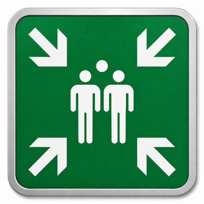 Verzamelplaatsbord 400x400 mm, groen pictogram met vier pijlen naar twee personen