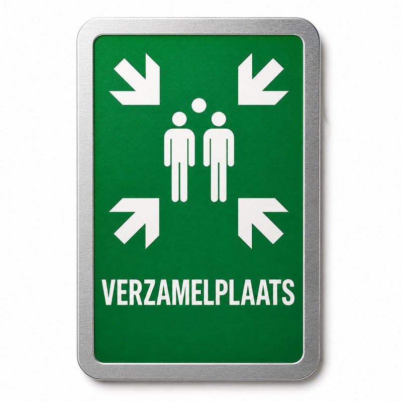 Verzamelplaatsbord 400x600 mm, groen pictogram met pijlen en tekst VERZAMELPLAATS